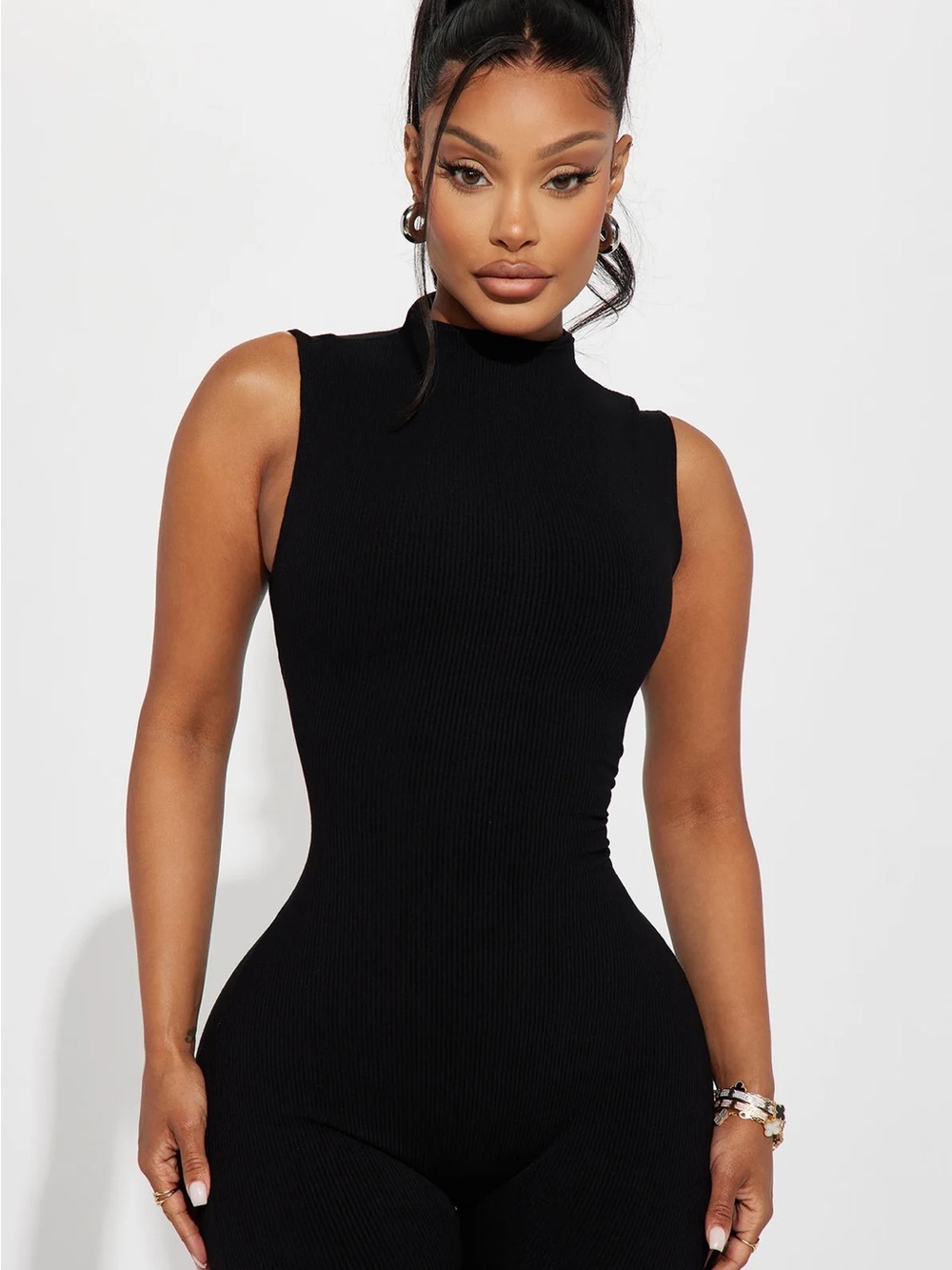 Fashion Nova Black Sleeveless Mock Neck Ribbed Jumpsuit